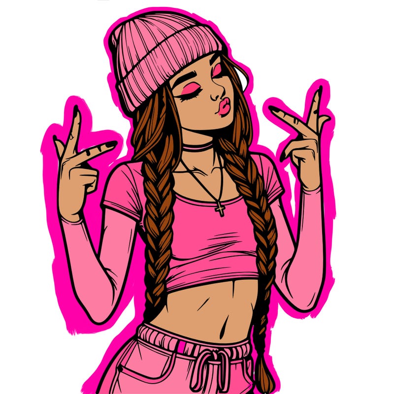 realistic teenage girl with braids and a beanie and crop top doing 🫶🏼