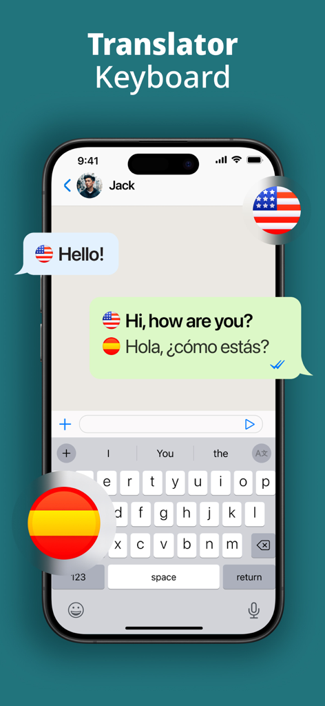 Translator Keyboard - Language - Interface of Translator Keyboard app showing real time translation from English to Spanish in a chat window