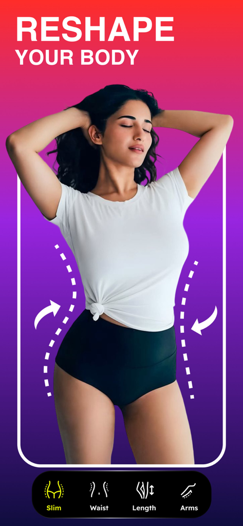 Interface of the Body Editor app showing tools to reshape the waist and legs of a woman in a photo
