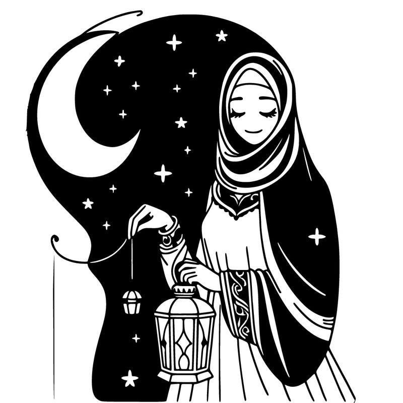 a woman wearing an abaya and holding a lantern in the month of ramadan and there is a crescent moon