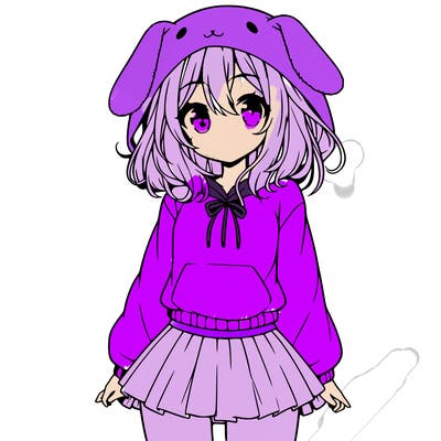 pretty anime girl wearing a fluffy hoodie with bunny ears on the hood and a skirt