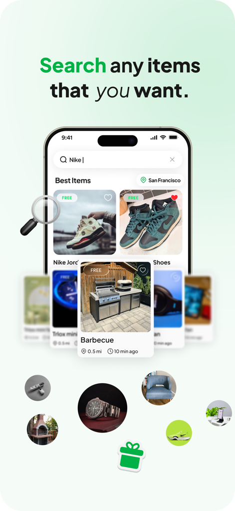 Interface of the Freeby app showing a search for free Nike sneakers and local marketplace listings.