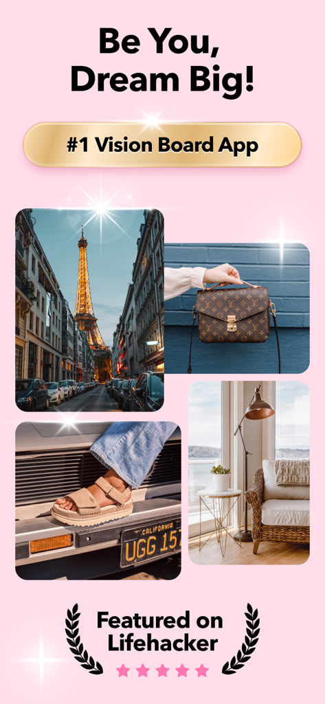 Lifestyle vision board collage featuring travel, fashion, and home goals within the Dreamer AI manifestation app.