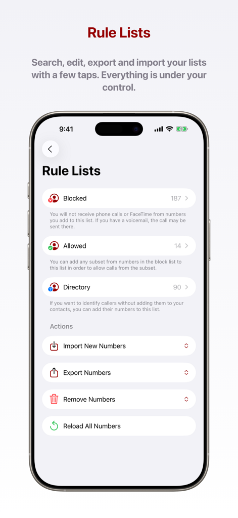 Begone: Spam Call Blocker - Begone app interface showing Rule Lists with blocked allowed and directory categories and import export options
