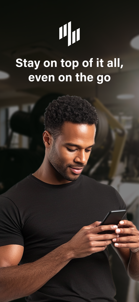 Mywellness for Professionals - A personal trainer using the Mywellness for Professionals app on his smartphone in a gym setting.