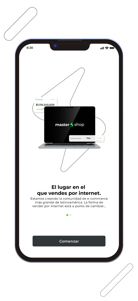 Tela de onboarding do aplicativo Mastershop exibindo estatísticas de vendas de e-commerce e um botão para começar