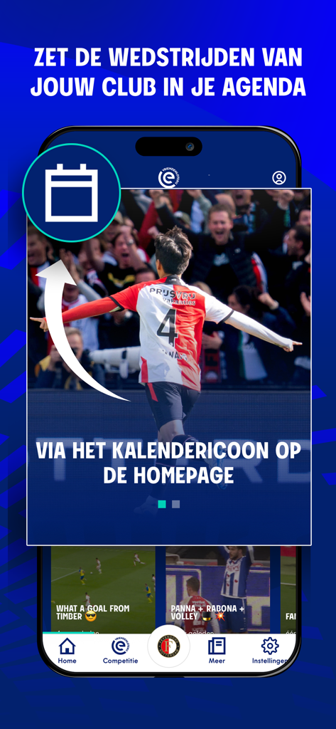 VriendenLoterij Eredivisie - クラブの試合をモバイルカレンダーに追加する方法を説明するエールディビジアプリの指示画面。