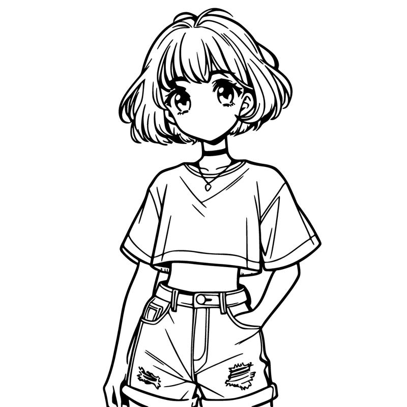 hot anime girl wearing a crop top and jorts