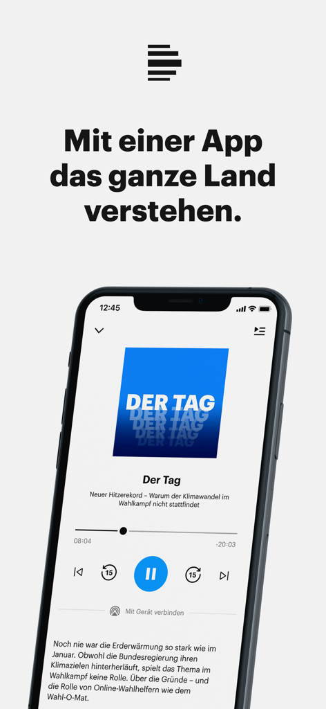 Deutschlandfunk - 『Der Tag』ポッドキャストのDeutschlandfunkラジオアプリプレーヤーを表示しているスマートフォン