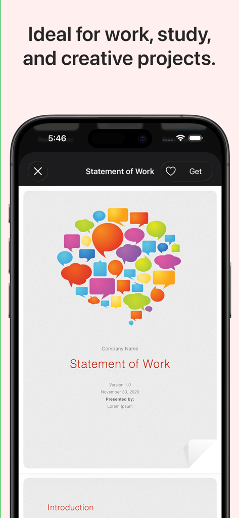 Vista previa de una plantilla profesional de Declaración de Trabajo en la aplicación Toolbox for iWork en un iPhone.