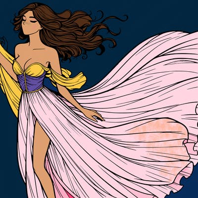 realistic woman in dress flowing the the wind