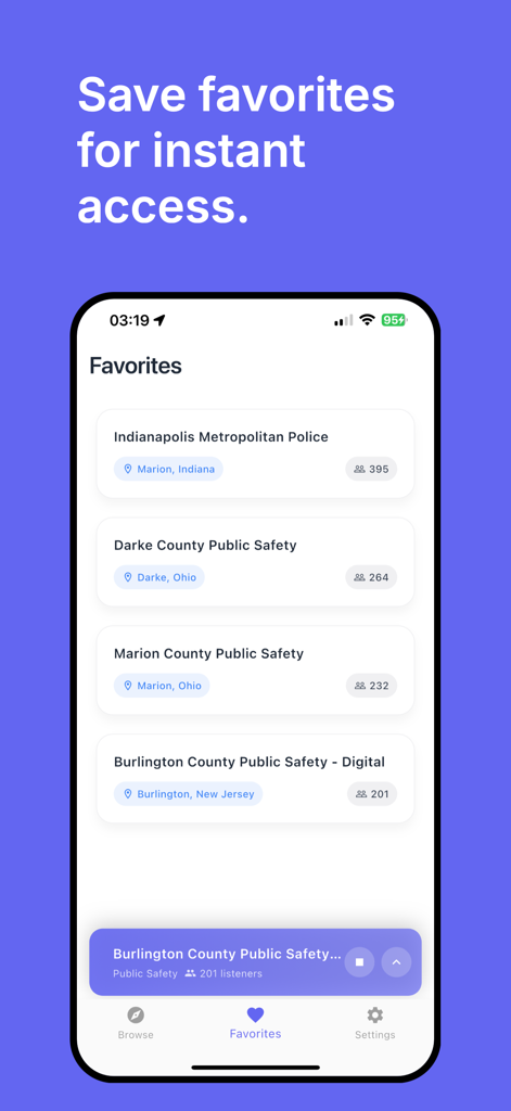 The favorites screen of the Police Scanner app showing a list of saved local emergency radio feeds for instant access