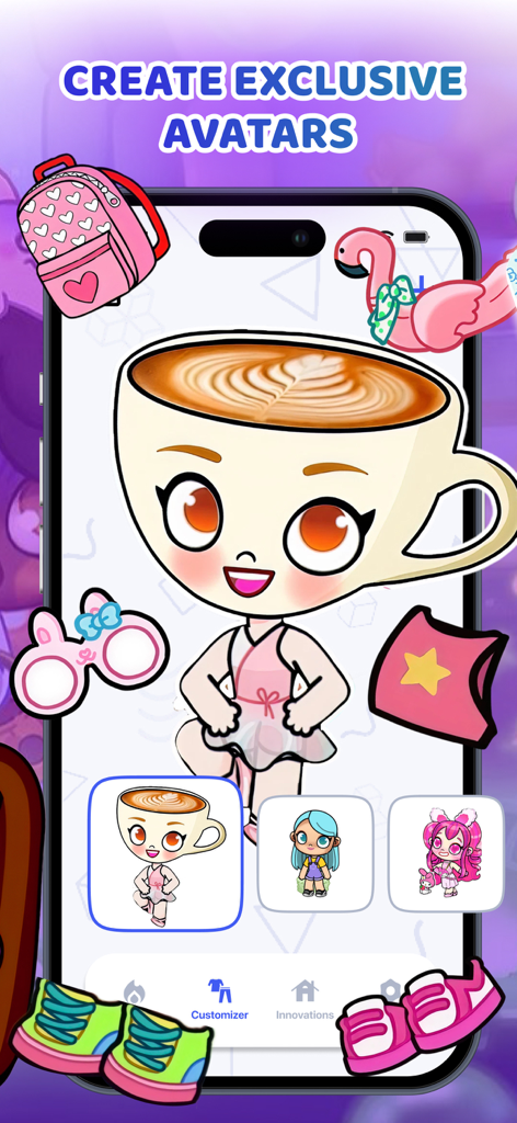 Una pantalla de teléfono inteligente que muestra la función de personalización para crear avatares únicos con accesorios y atuendos kawaii