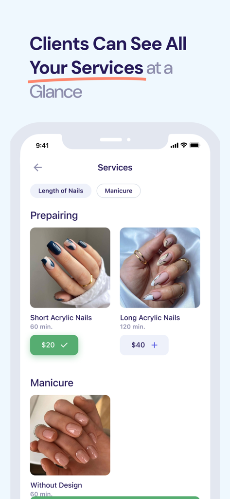Sammy: Beauty Booking - Interface do aplicativo móvel de agendamento de beleza Sammy mostrando uma lista de serviços de unhas com preços e durações