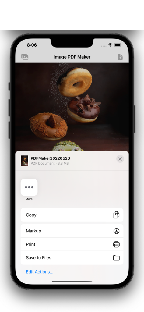 Image PDF Maker - Image to PDF - Interface of Image PDF Maker app showing options to share or save a converted PDF file