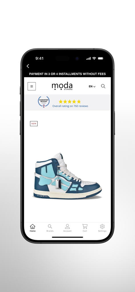Moda di Andrea - Schermata dell'app Moda di Andrea che mostra un paio di sneakers di lusso alla caviglia blu e bianche firmate da designer