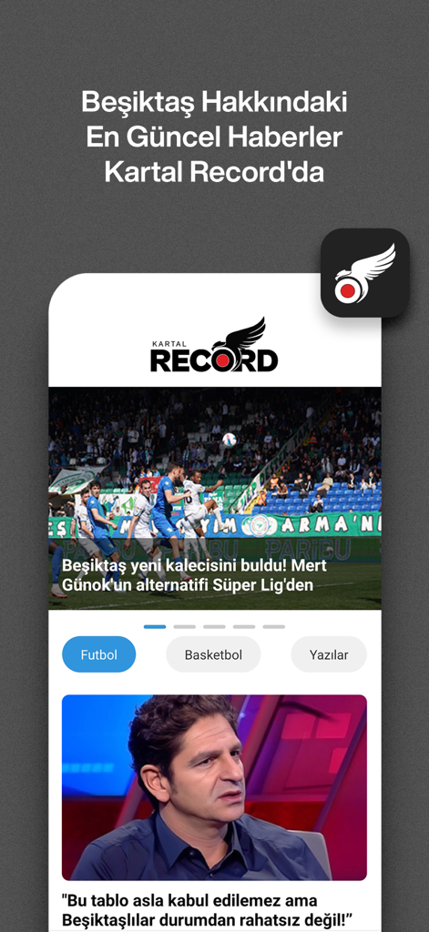 Kartal Record - Screenshot of Kartal Record app showing current Besiktas JK news and football updates.