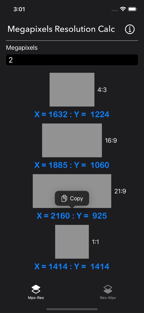 Megapixels Resolution Calc - Megapixels Resolution Calc app interface showing resolution breakdowns for various aspect ratios including 16:9 and 21:9.