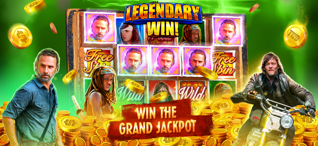 The Walking Dead Casino Slots - The Walking Dead Casino Slots gameplay featuring Rick and Daryl with a legendary win announcement over gold coins