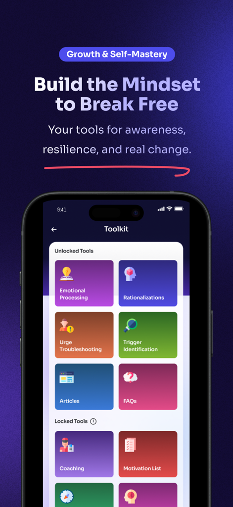 Quit Porn Now BeFree - The BeFree app toolkit interface showcasing recovery resources and self-mastery growth tools.