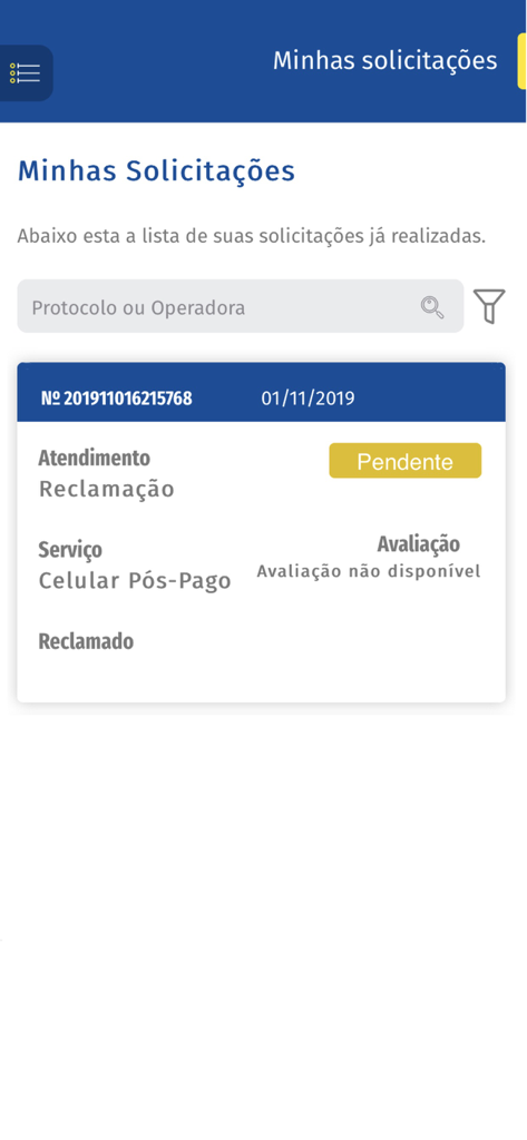 Lista de reclamações de consumidores pendentes no aplicativo Anatel Consumidor Mobile