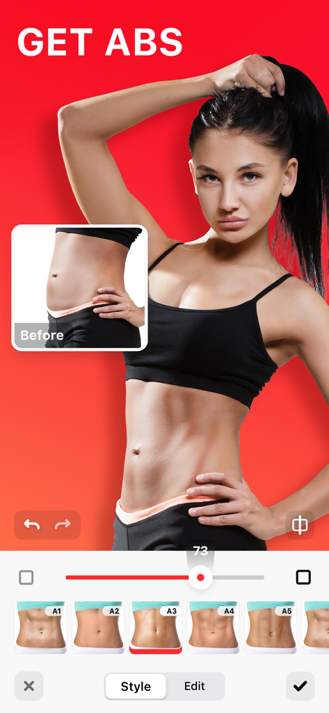 Interface of the Body Tune app showing a woman using the abs editor tool with a before and after comparison