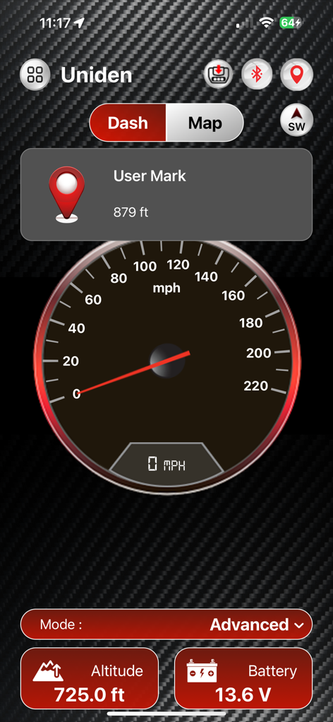 Uniden R/TACH - Uniden R/TACH app dashboard interface showing speedometer altitude and battery voltage