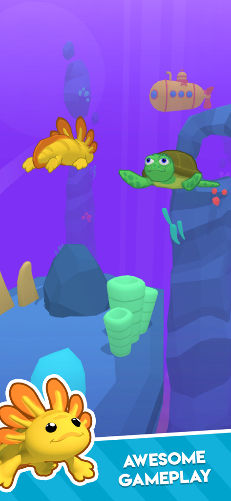 Axolotl Rush - Cute yellow axolotl swimming underwater with a turtle and submarine in Axolotl Rush