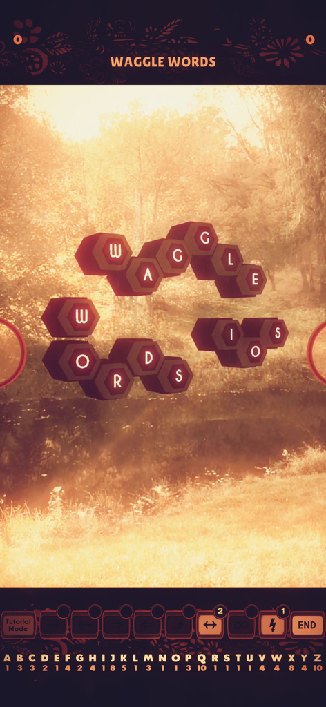 Tessere di lettere esagonali di Waggle Words che fluttuano in Realtà Aumentata su uno sfondo panoramico di un laghetto naturale