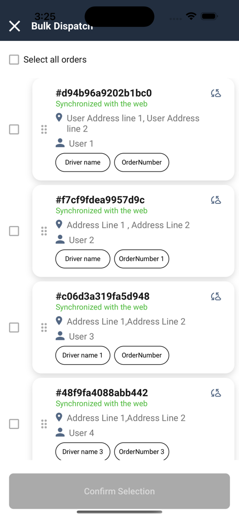 DispatchTrack LastMile - Bulk Dispatch interface in the DispatchTrack LastMile app showing a list of delivery orders with status and address details