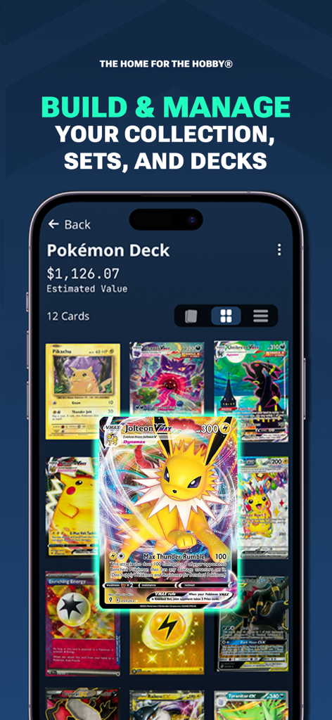 LUDEX Sports Card Scanner +TCG - Écran de smartphone montrant un jeu de cartes Pokemon numérique avec la valeur estimée du portefeuille dans l'application LUDEX
