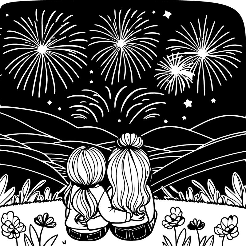 two girls sitting with each other facing away watching fireworks on a hill realistic