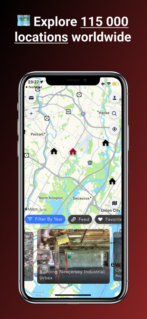Abandoned World Urbex app interface showing a map of abandoned locations with navigation features