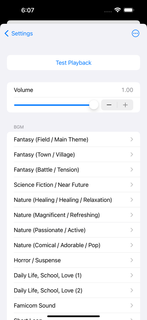 Roulette - Decision Roulette - Menu for selecting background music themes and adjusting volume in the Decision Roulette app
