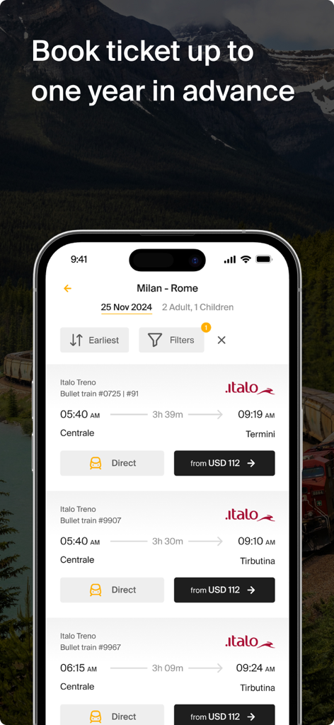 Rail Ninja: Train Tickets - Screenshot of the Rail Ninja app showing train ticket results for Milan to Rome with a feature highlight for booking up to one year in advance