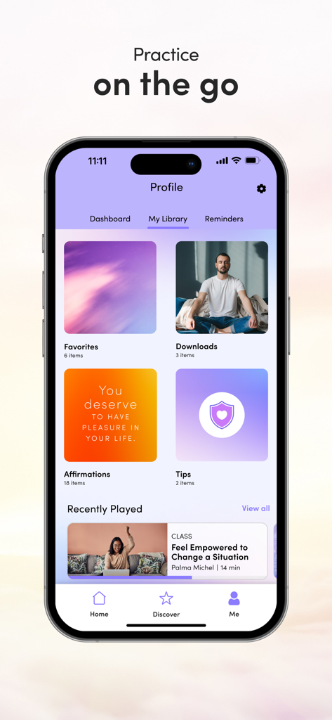 Roundglass Living: Wellbeing - Roundglass Living app library interface showing favorites downloads and daily affirmations