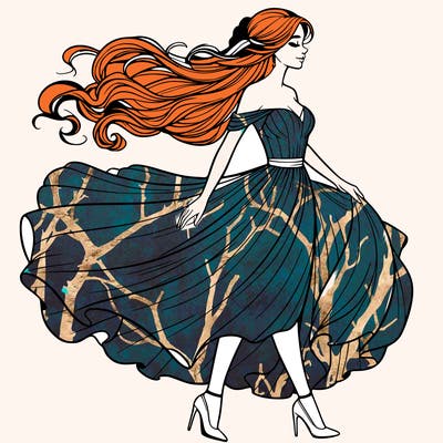 realistic woman in a dress flowing in the wind