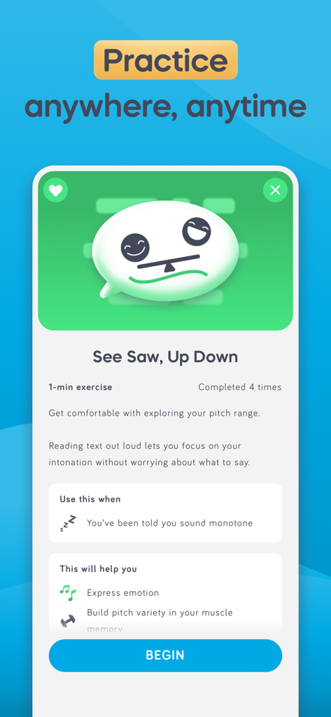 Speeko app interface showing a one-minute pitch range and intonation exercise for public speaking