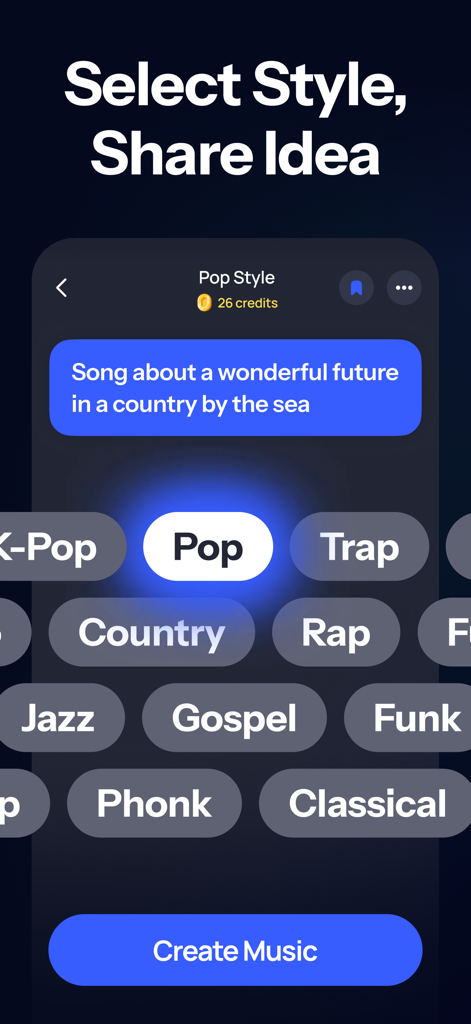 AI Song Maker·Music Generator - Interface of the AI music generator app showing a prompt for a pop song and various musical style selection buttons like Pop, Trap, and Classical.