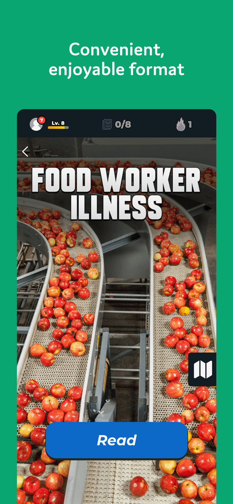 RocaNews app interface showing a news story about food worker illness with a visual background and gamified level status.