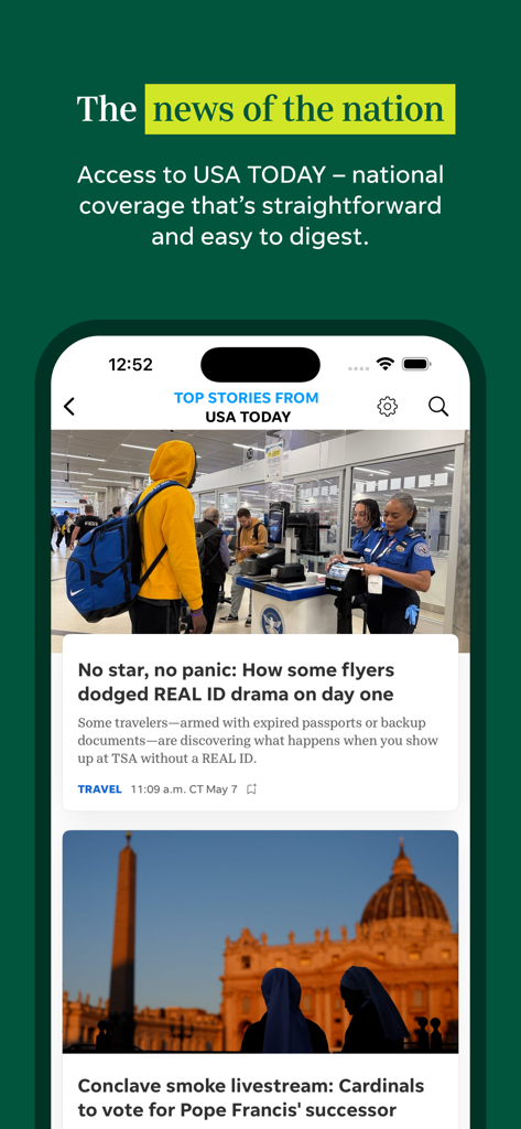 Milwaukee Journal Sentinel - ミルウォーキー・ジャーナル・センティネル アプリ内で USA TODAY の全国ニュース記事を表示するモバイルアプリのインターフェース。