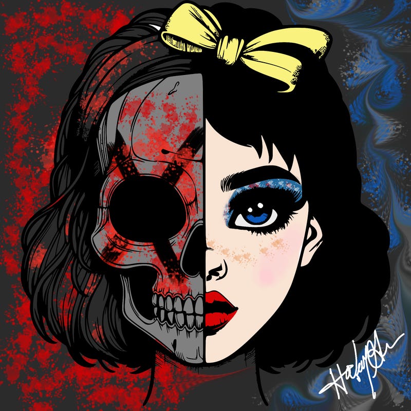 realistic girl with half skull mask