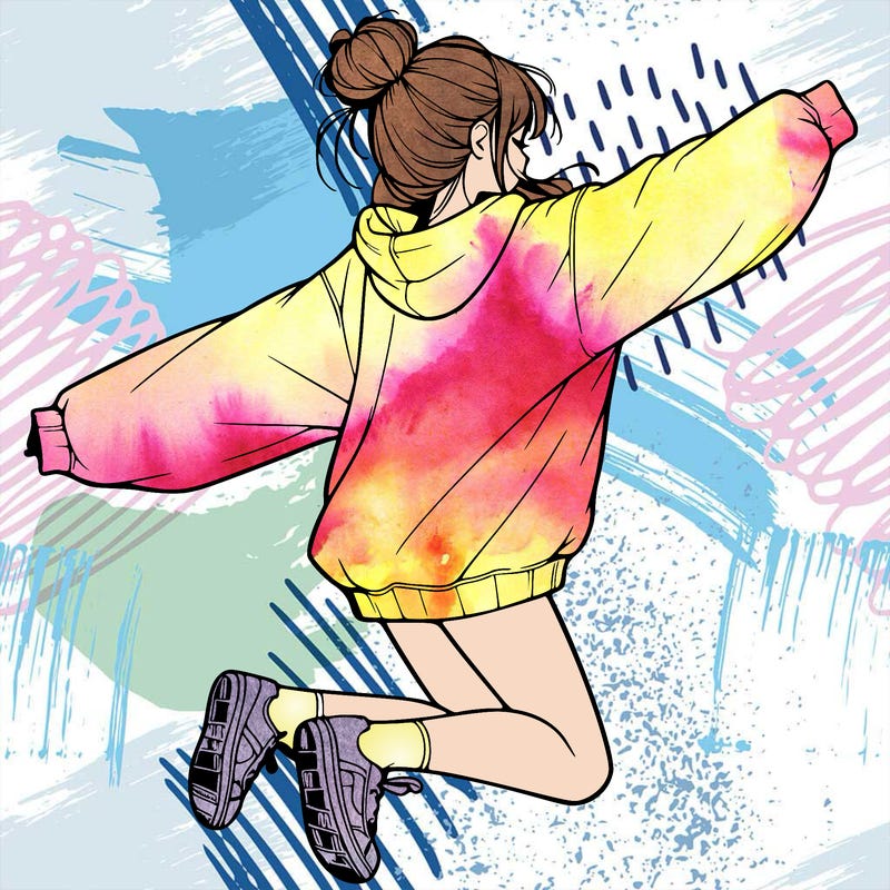 realistic girl jumping with a bun and oversized sweatshirt