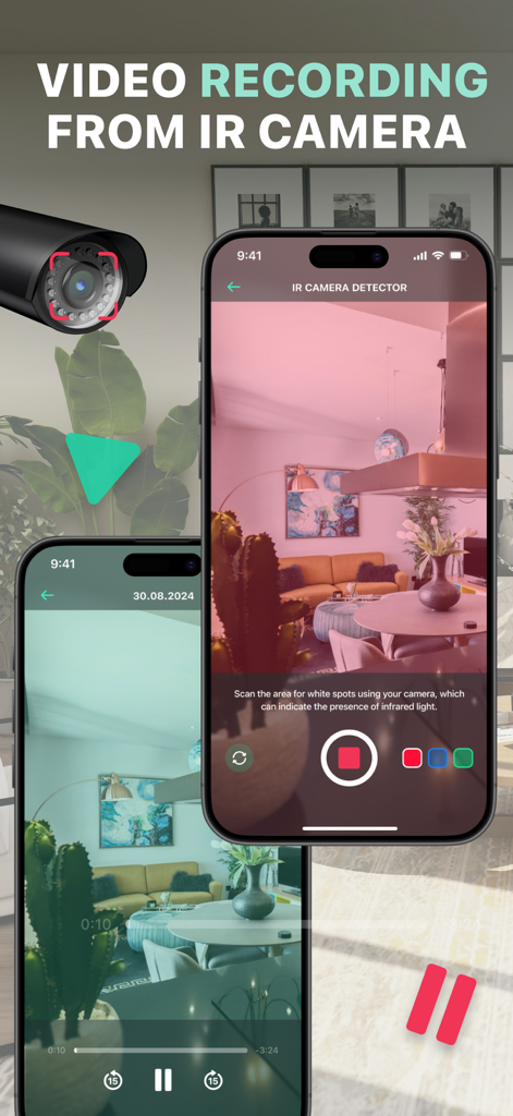 Hidden Camera Spy Bug Detector - Uma interface de aplicativo móvel mostrando um detector de câmera infravermelha escaneando uma sala e uma tela de gravação de vídeo.