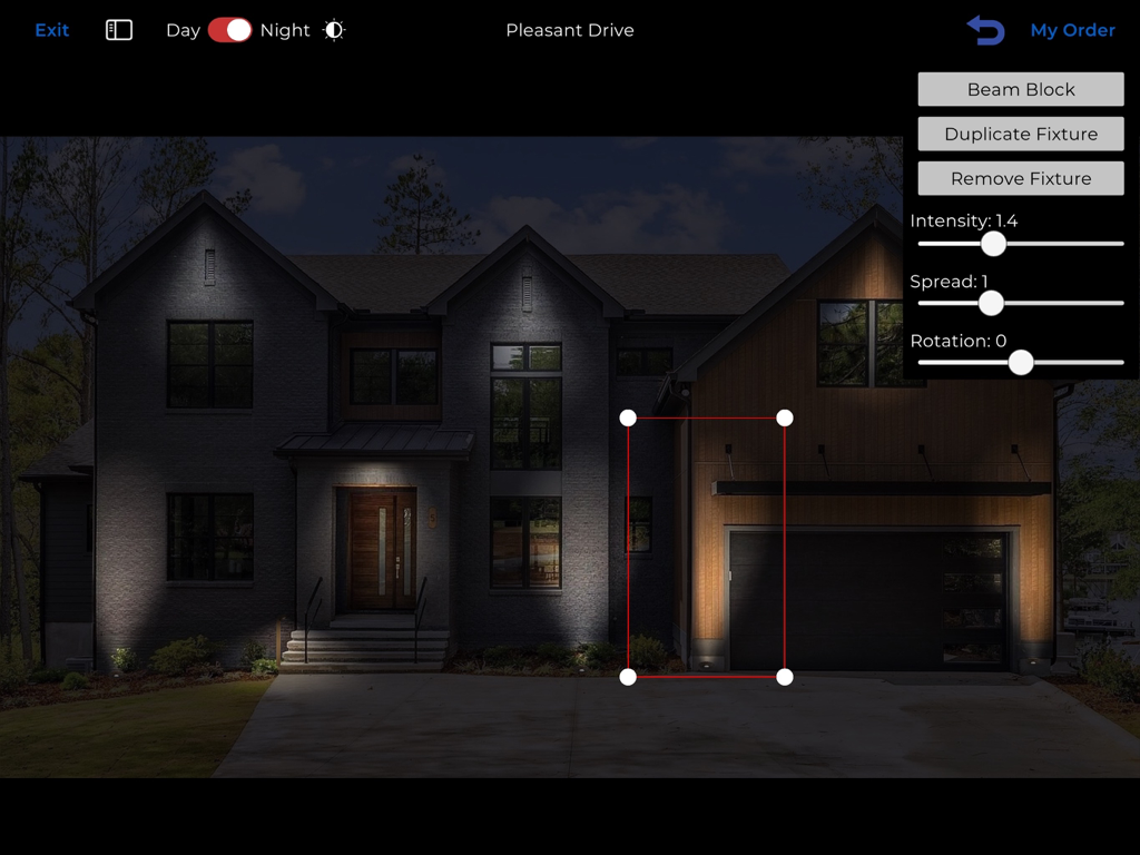 AMP® LIGHTING VISUALIZER - An outdoor lighting visualizer app showing a residential house at night with adjustable light beam settings and intensity controls.