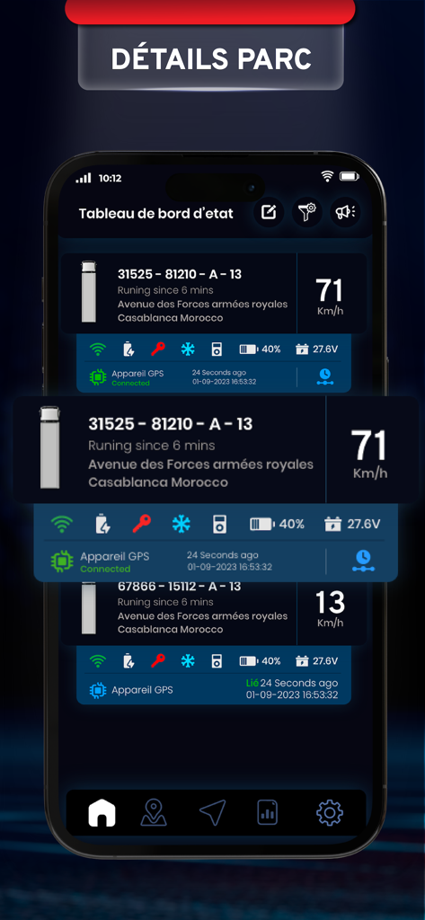 STG Fleet Mobile - Tableau de bord de l'application STG Fleet Mobile affichant les données en temps réel sur la vitesse et la localisation du suivi des véhicules