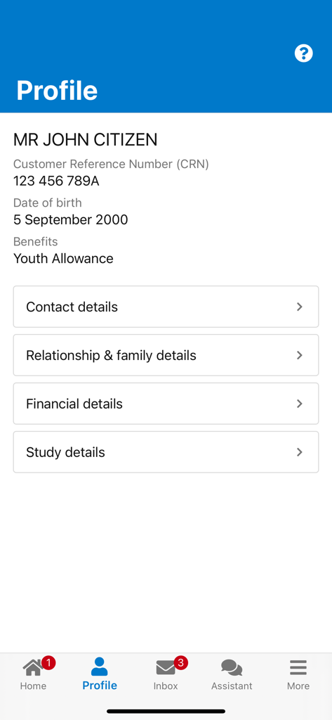 User profile screen in the Express Plus Centrelink app displaying personal information and account settings