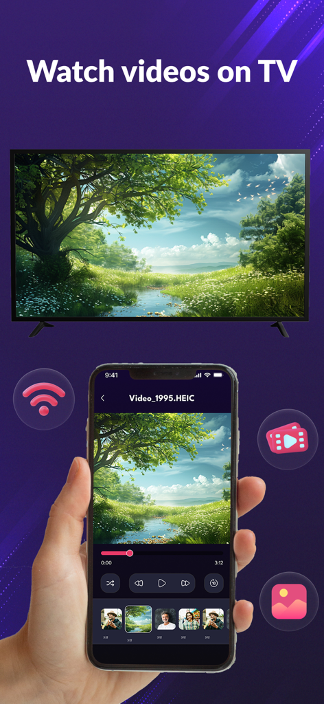 TV Remote: Smart Remote for TV - A smartphone casting a video to a smart TV screen using the TV Remote app.