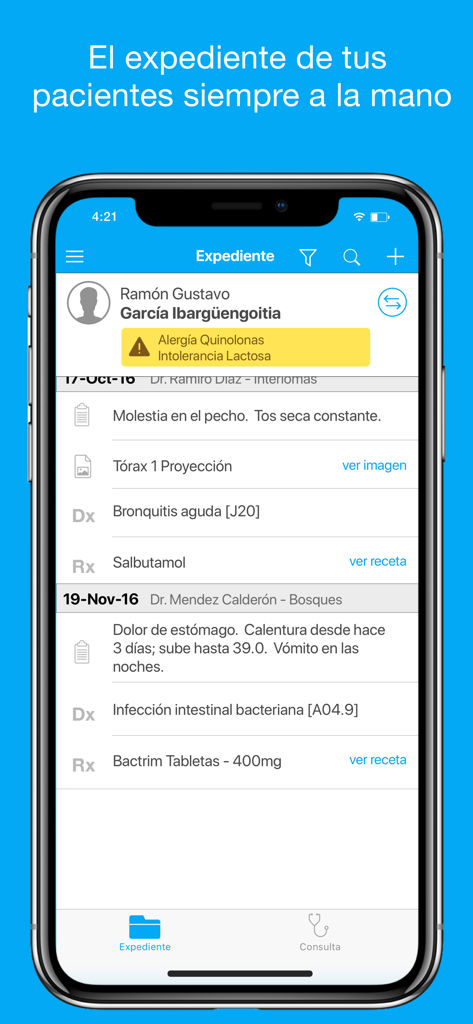 DataHealth - Interfaz de la aplicación DataHealth mostrando un registro médico de paciente con historial y alertas de alergias en la pantalla de un iPhone.