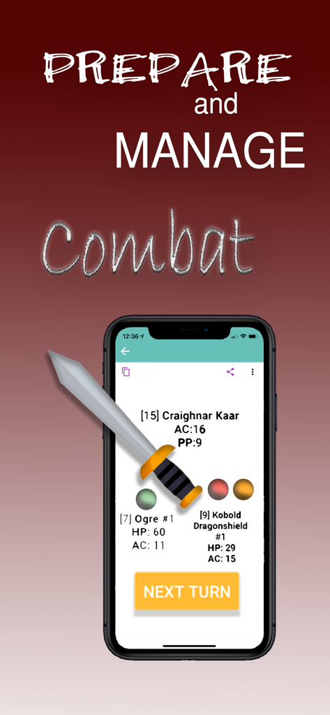 Écran de gestion de combat Donjons et Dragons dans l'Application Compagnon 5e avec statistiques de monstres et suivi d'initiative